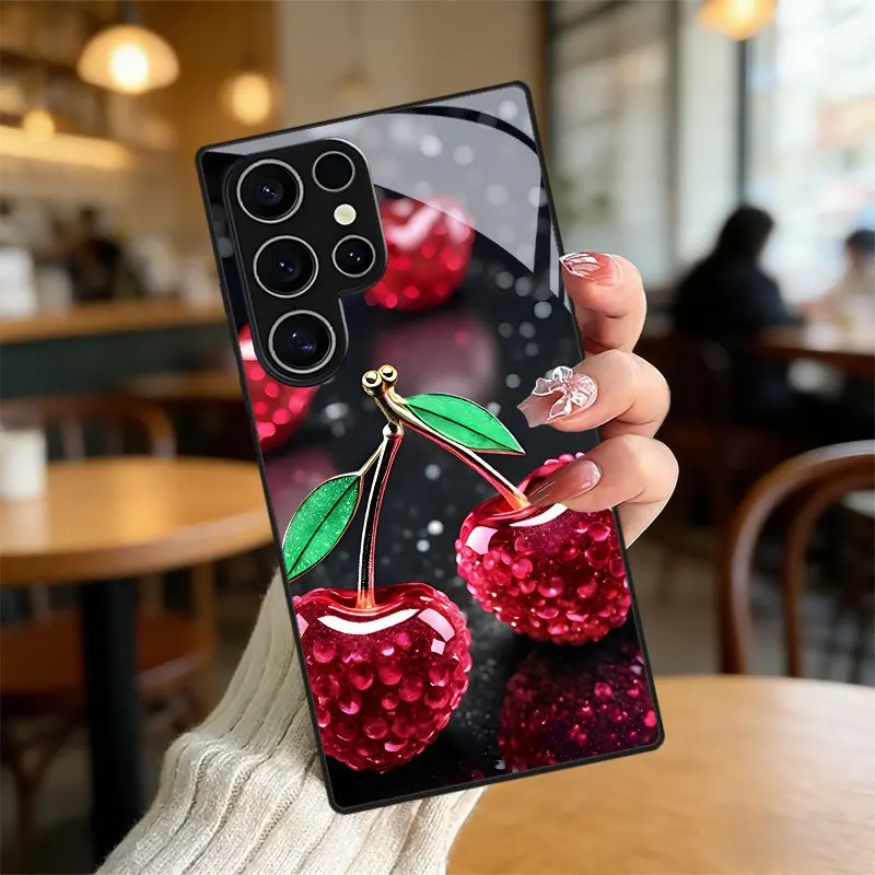 Crystal Cherry Red Patterned Phone Case Suitable for Samsung for Galaxy S23 PLUS/S24 Plus/S25/S25 Edge/Note 9/Note 10/Note 10