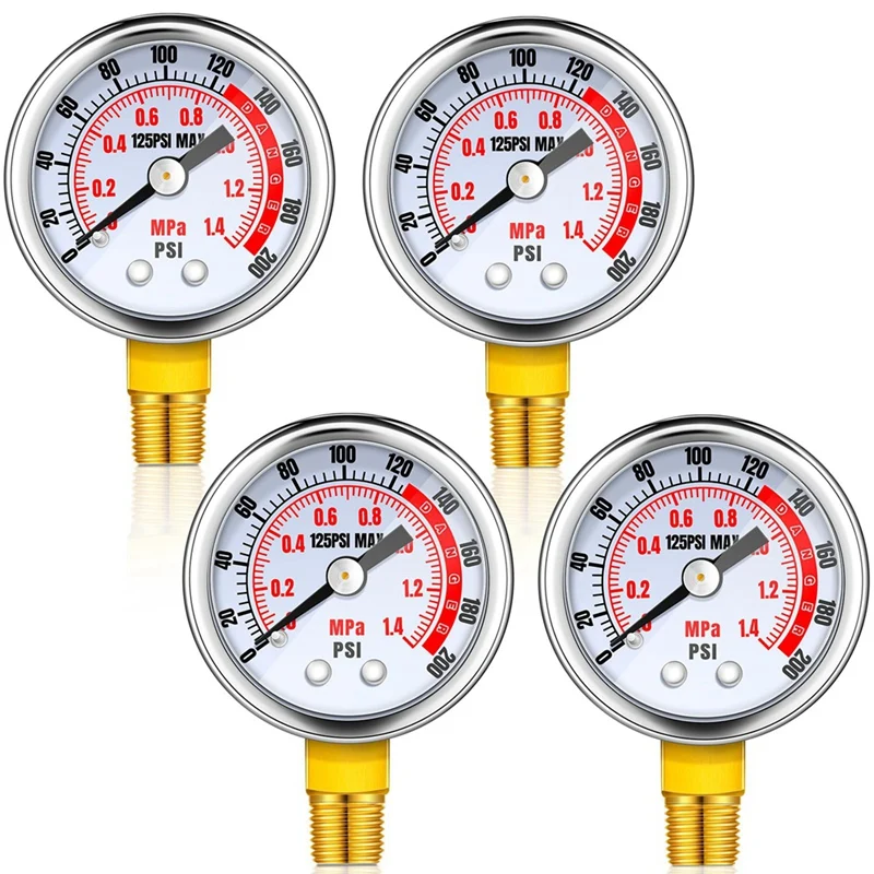 4ชิ้น0-200 PSI เครื่องวัดความดันลม1/8In ตัวเชื่อมต่อ NPT ตัวยึดด้านล่างมาตรวัด1.57In หน้าปัดสีเงิน