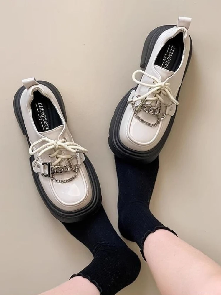 British Style Off-white Women's Platform Loafers Korean Fashion 2026 Spring New Leather Shoes with Skirt for JK School Outfits