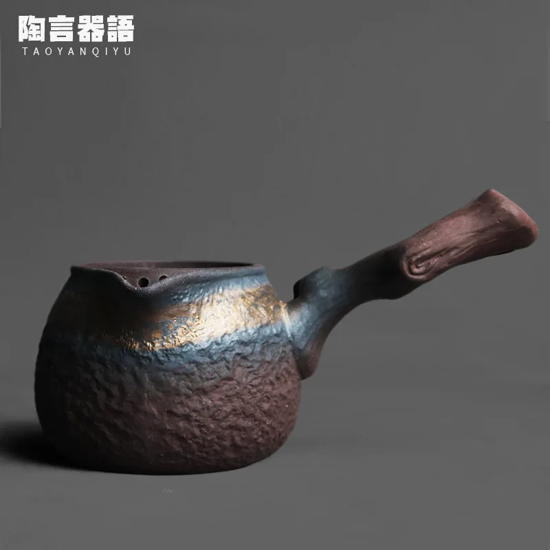 Rock pottery bronzing wood grain side handle tea uniform cup kung fu tea ceremony can be boiled with open fire water milk coffee