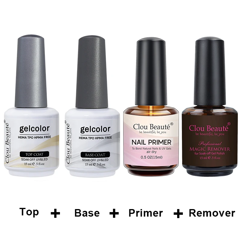Clou Beaute 15ml Sticky Base Coat No Wipe Top Coat Set Remover Gel Primer Nail Transparent Nail Art Hema TPO Free Nail Polish
