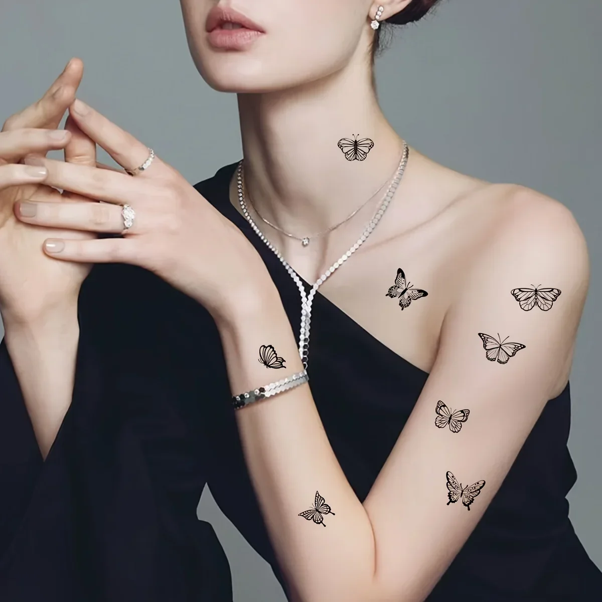 30pcs/set Simple Removable Temporary Tattoos Stickers for Women Girl Realistic Black Butterfly Fake Tattoo Leg Clavicle Forearm