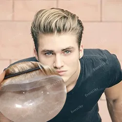 Natürliche Haaransatz Toupet V Geschleift Super Durable Dünne Haut Volle PU Blond Menschliches Haar Perücke System Kapillare Prothese Herren Microskin