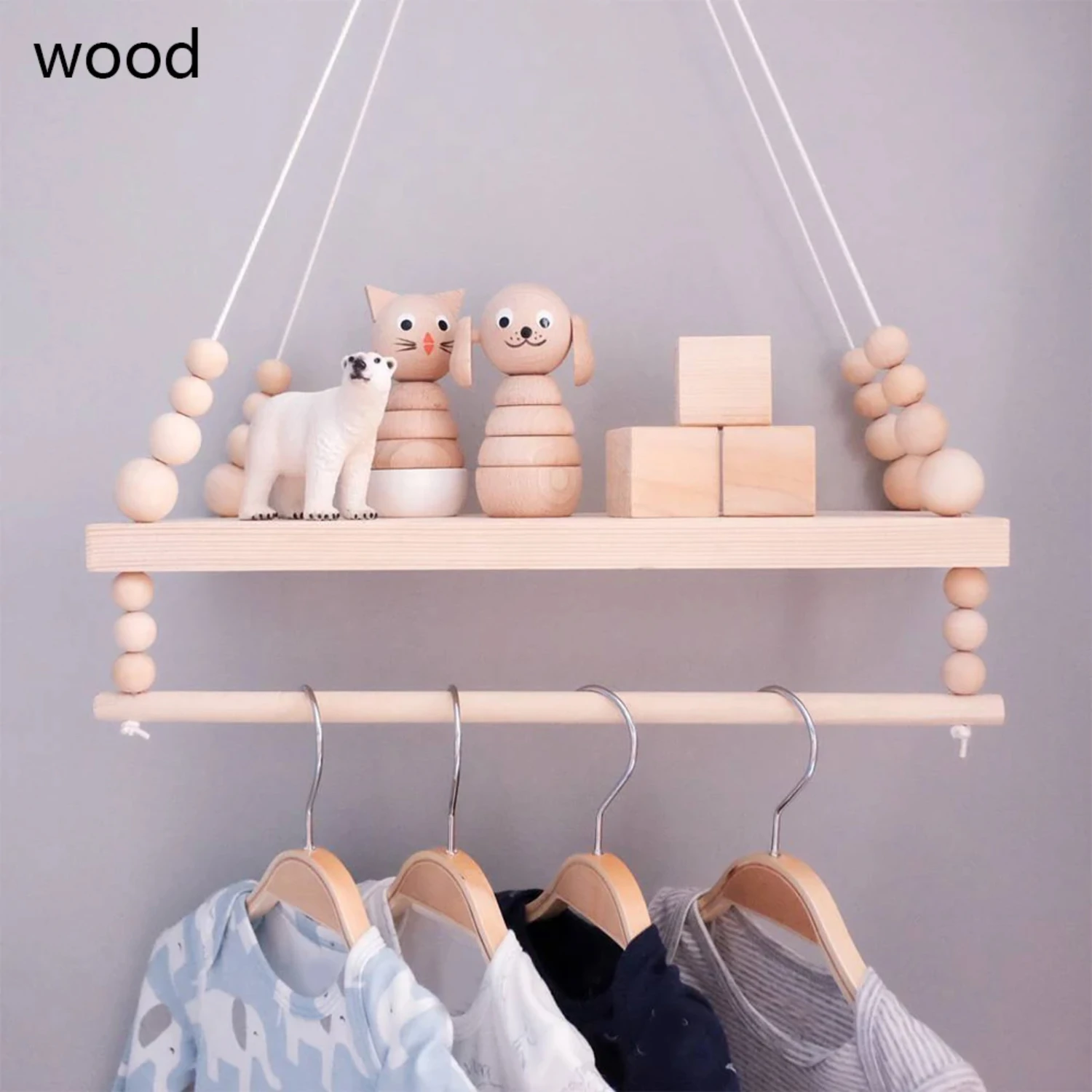 

Nordic Wooden Wall Shelf With Clothes Rack Children Room Craft Storage Rack Rope Wall Hanging Kid Bedroom Living Room Decoration