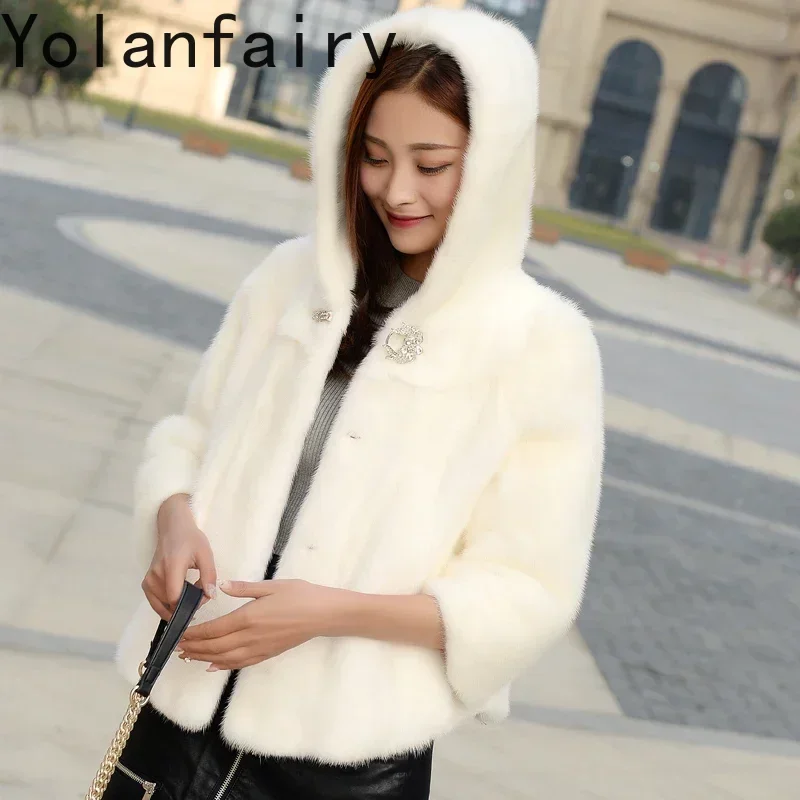 

Real Mink Fur Coat Women 2024 Winter New Mink Fur Hooded Jacket Women's Short Coats Luxury Coat Three Quarter Sleeve Fourrure