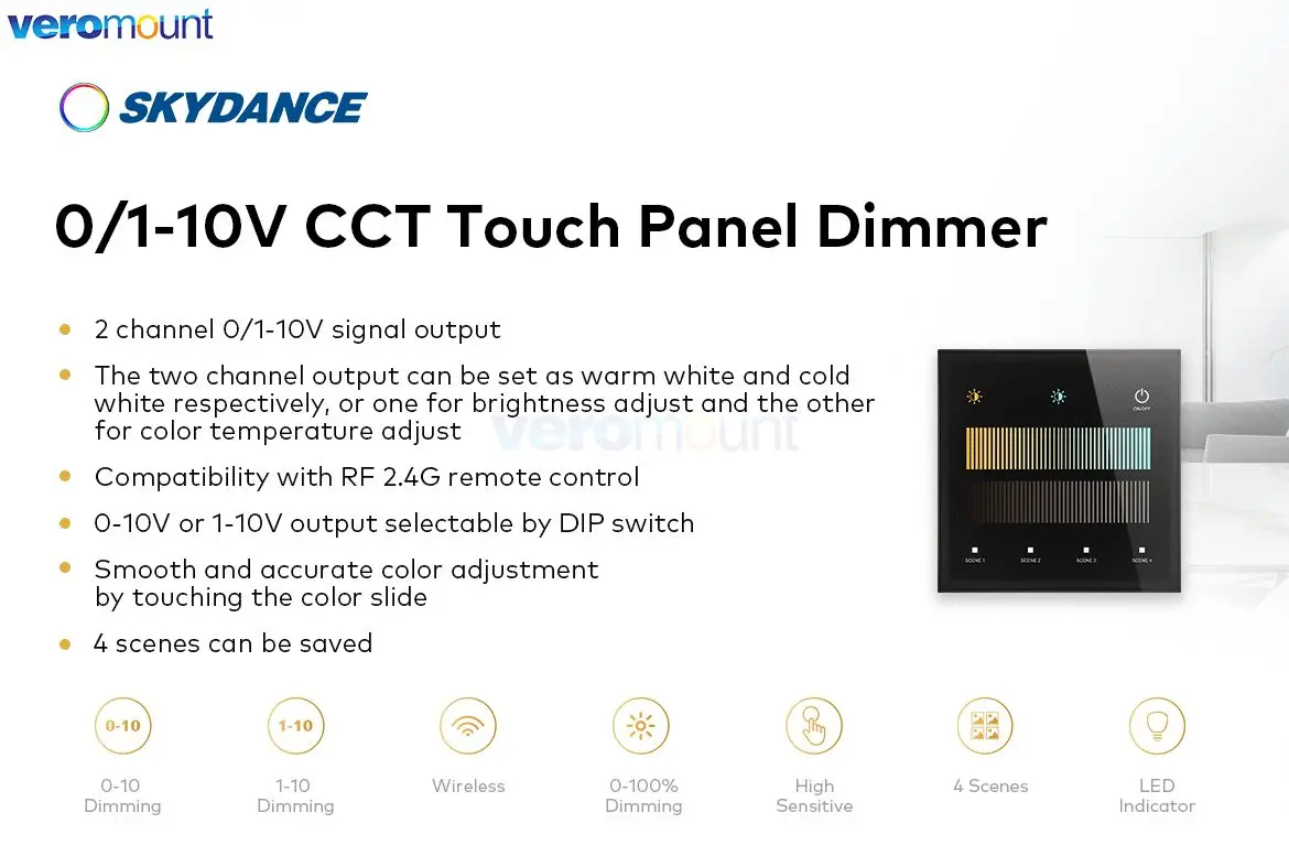 Skydance T2-L 2CH*20mA 0-10V Color Temperature Touch Panel Switch 1-10V CCT Dimmer Single Color/Dual White LED Strip Controller