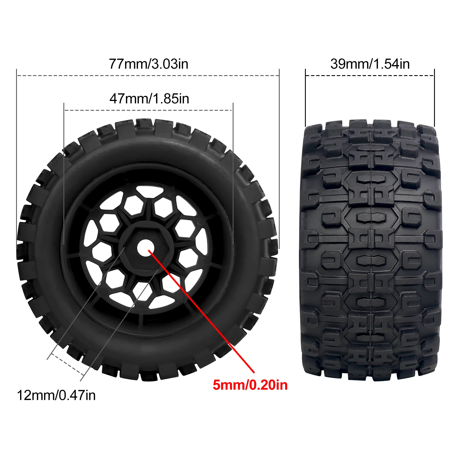 OGRC MX1.85 Ruedas y neumáticos RC Juego de neumáticos de rueda hexagonal de 12 mm 77 * 39 mm para ARRMA 1/18 Typhon Granito Grom