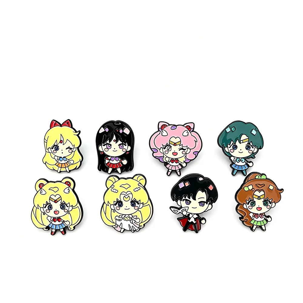 8-teiliges Sailor Moon Chibi Cartoon Anime Broschen-Set Kawaii Emaille-Pins Modische Metall-Abzeichen Damen-Bekleidungszubehör