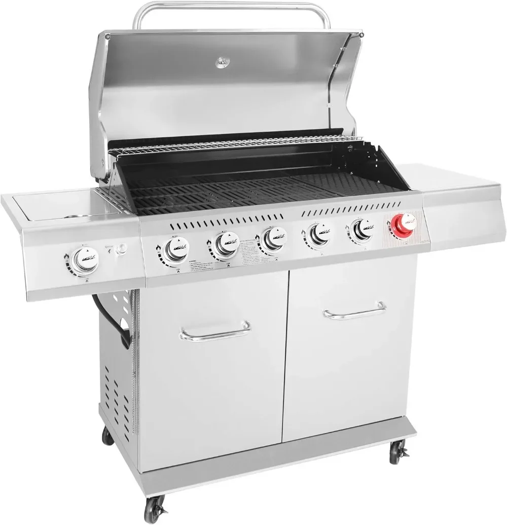 GA6402S Stainless Steel Gas Grill, Premier 6-Burner Propane BBQ Grill with Sear Burner and Side Burner, 74,000 BTU