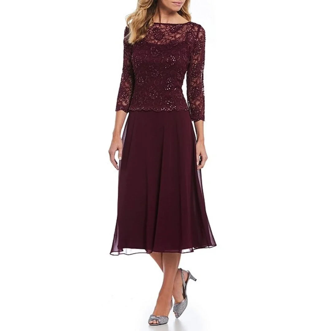 

Elegant Burgundy Mother of the Bride Midi Dress with Sequined Lace Bodice Flowy Chiffon Perfect for Weddings Special Occasions