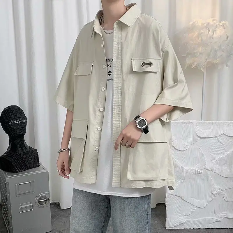 Shirts for Men with Pocket Cargo Man Shirt Loose Korean Style Casual Asia Cool Hipster Original Half Sleeve Normal Collar I Xxl