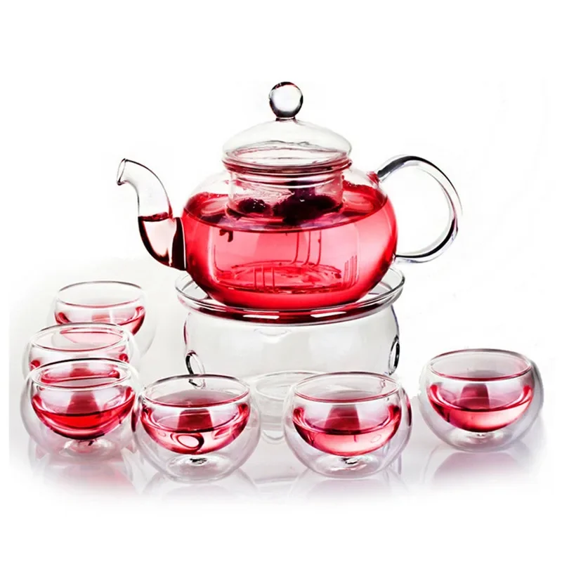 

800ML Borosilicate Heat-resistant Glass Tea Pot Set Infuser Teapot Warmer With Strainer Flowers 6 Double Wall Teaware Home Gift