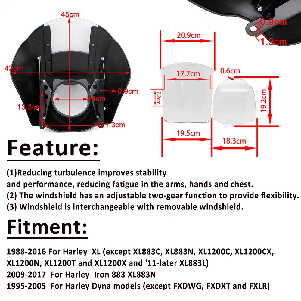 Motorcycle Windshield Deflector Quarter Headlight Fairing Mask Windscreen Replacement Clamp For Harley XL883R XLH XL1200S 1200L