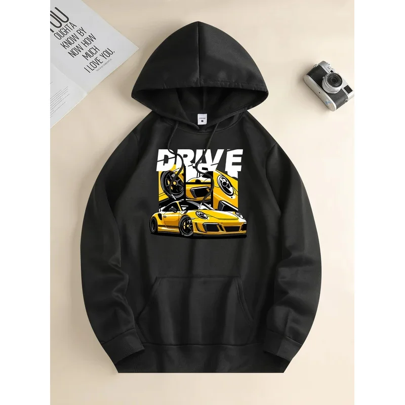 Men's new fashion hoodies, casual everyday drawstring hooded sweatshirts, car prints, front kangaroo pockets, men's blouses