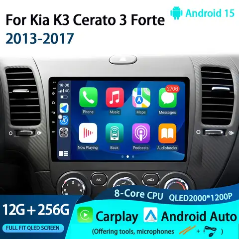 기아 K3 세라토 3 포르테 2013-2017용 카 라디오 멀티미디어 비디오 플레이어 내비게이션 GPS 4G 카플레이 오토 스테레오 RDS 안드로이드 15