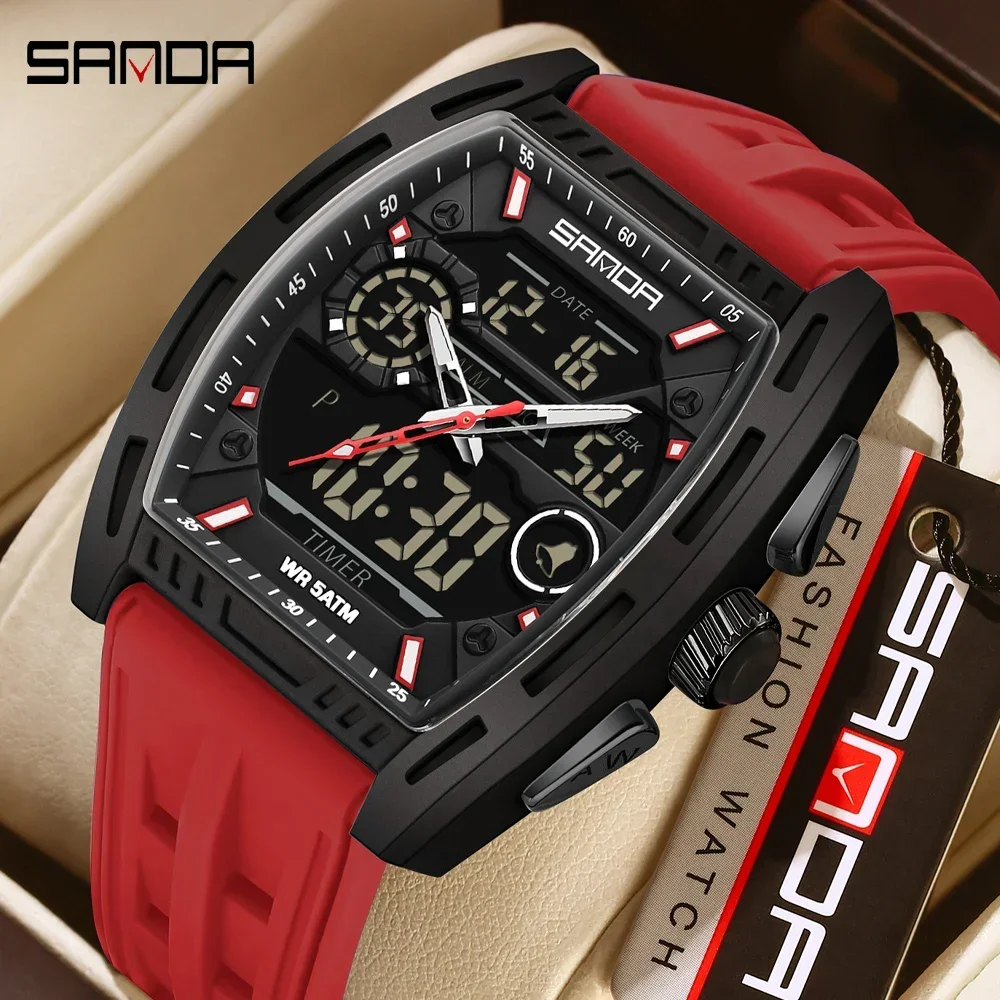 Montre homme SANDA, sport, mode, date, semaine, lumineuse, LED, quartz, silicone, double fuseau horaire, électronique, militaire