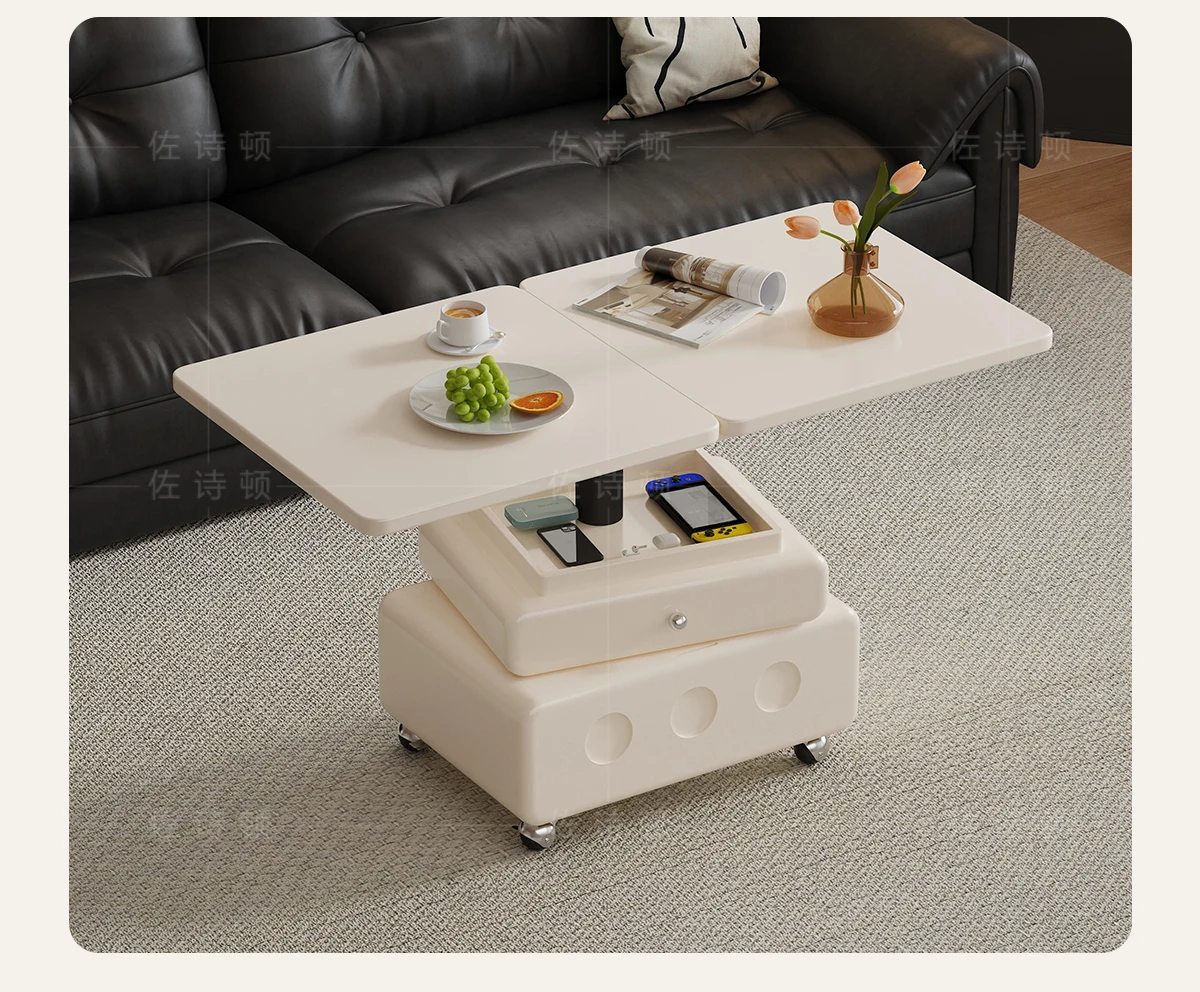 

White solid wood lifting coffee table small apartment dual-purpose integrated dining table cream wind mobile folding tea table