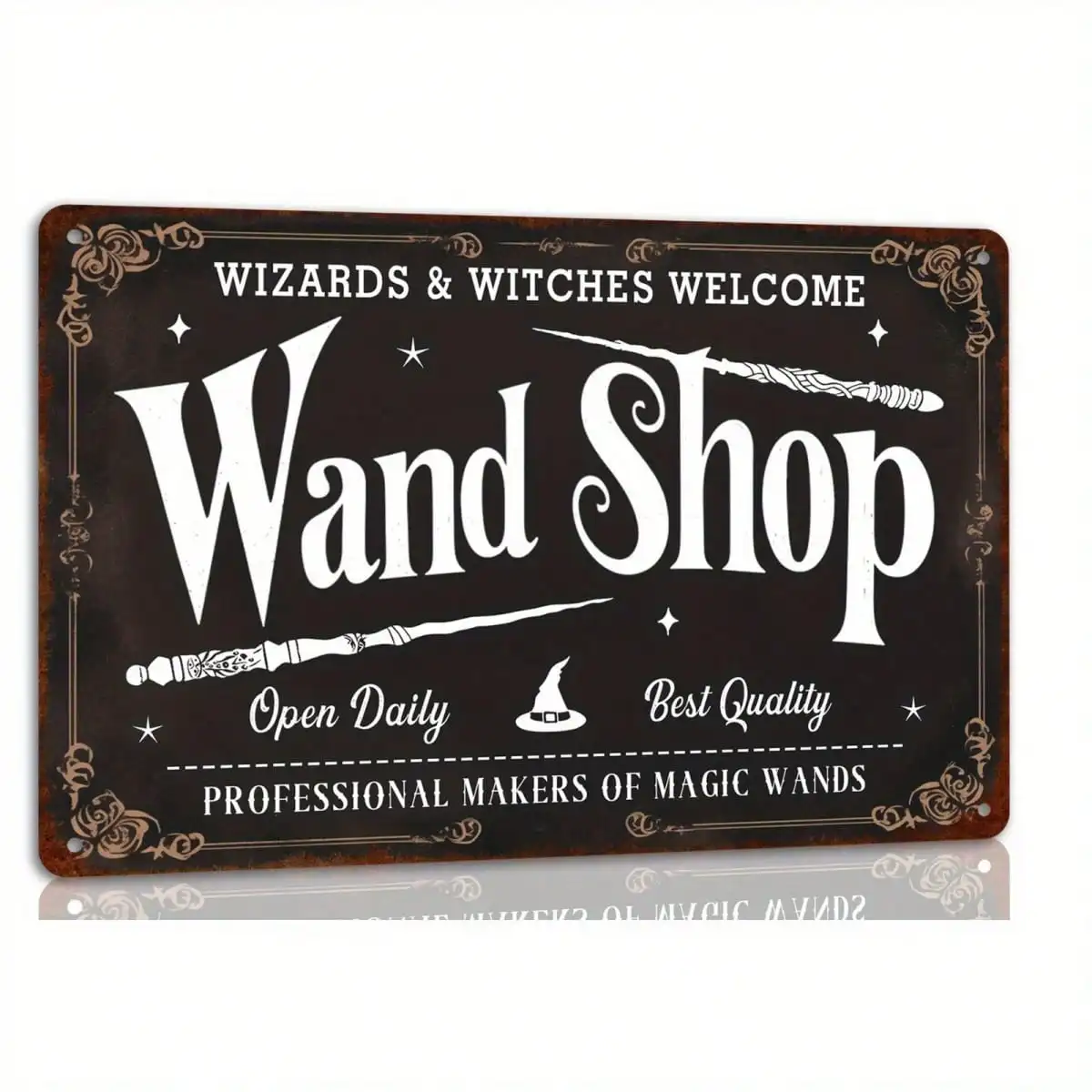 Wand Shop Wizards & Witches Welcome - Vintage Halloween Metal Tin Sign, 8x12 Inch | Perfect For Farmhouse Decor, Haunted House Parties & Home, Wall Hanging, No Electricity Needed, Farmhouse Wall Decor | Decorative Metal Sign | Durable Metal Sign,