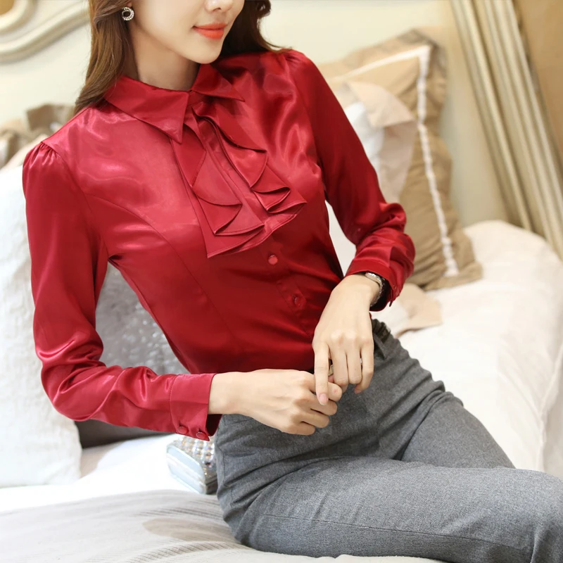 Office Work Lady Satin Shirts Femme Office Long Sleeve Satin Blouses Woman Tops