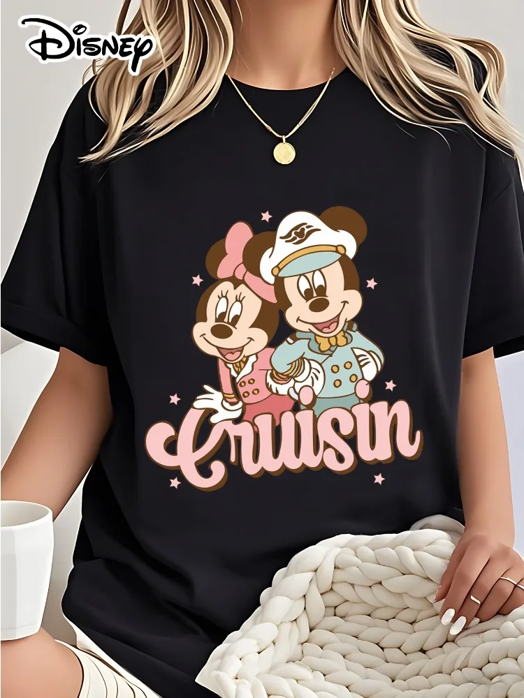T-shirt girocollo casual in cotone a maniche corte da donna con stampa Disney Topolino e Minnie, modello a stella in stile nautico, da indossare tutti i giorni