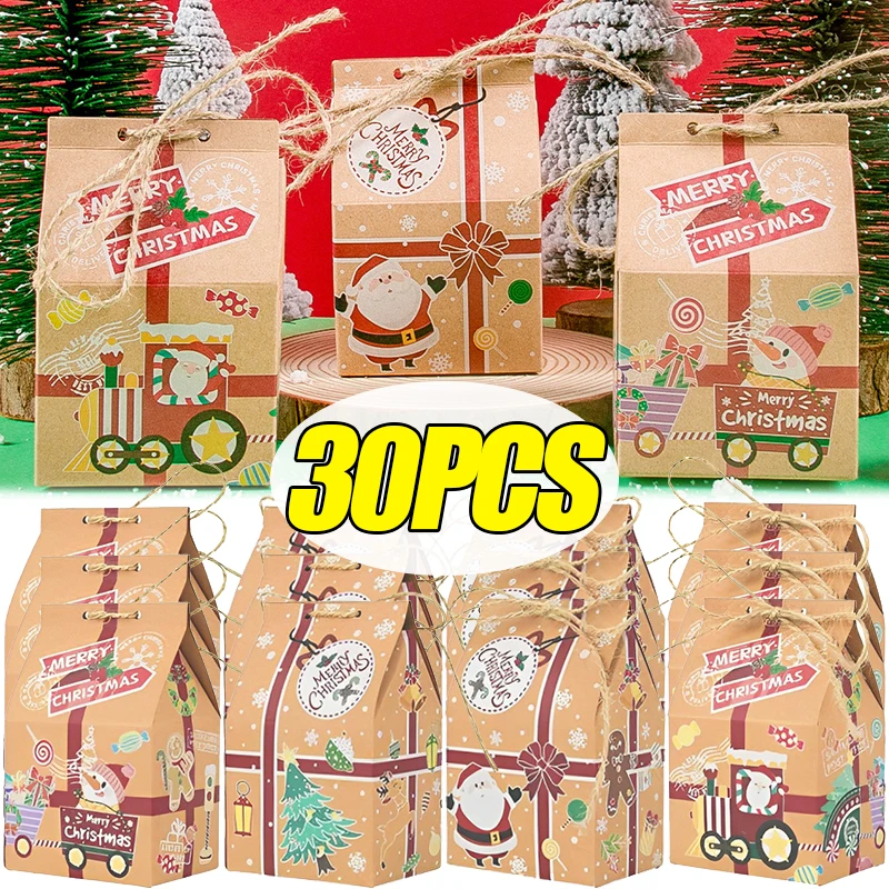 30/1pcs Christmas Candy Gift Box With Tag Kraft Wrapping Paper Bisuit Snack Packing Bag Xmas Party Home Decoration New Year 2025