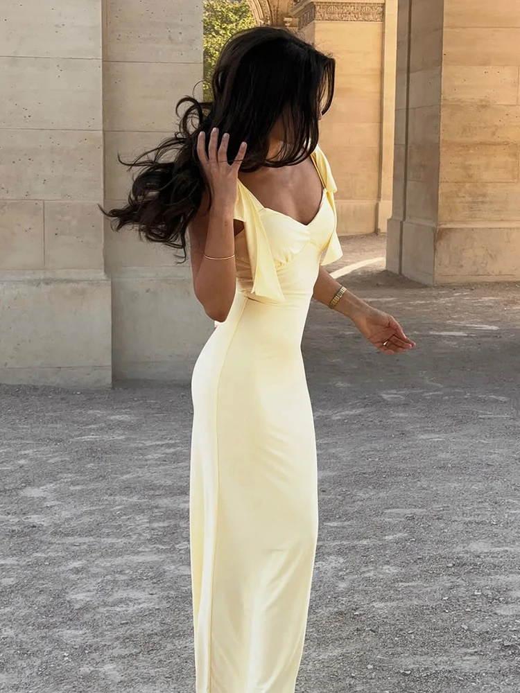 Whatiwear Y2K Solid Elegant Maxi Dress Women Lace-Up Ruched Low-Neck Backless Sleeveless Midnight Prom Party Hipster Vestidos