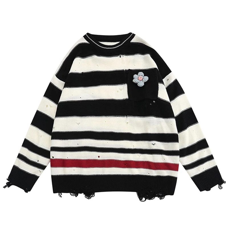 Striped Hole Knitted Sweaters Hip Hop Color Blocking Pullovers Spring Round Neck Long Sleeve Personality Pattern Tops Pull Homme