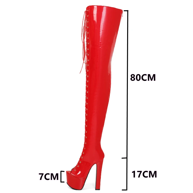 Super Hoge Laarzen Vrouwen Veters Herfst 17Cm Hoge Hakken Over De Knie Laarzen Platform Lange Stripper Fetish Schoenen Dame Grote Maat 46