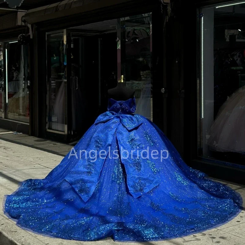 Angelsbridep-vestidos de quinceañera azul real para niña, hombros descubiertos, apliques de cuentas, vestidos de baile de princesa, cumpleaños, graduación, 16