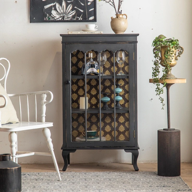 

Nordic retro black wine cabinet display cabinet living room floor-to-ceiling old glass dust-proof storage cabinet sofa storage s