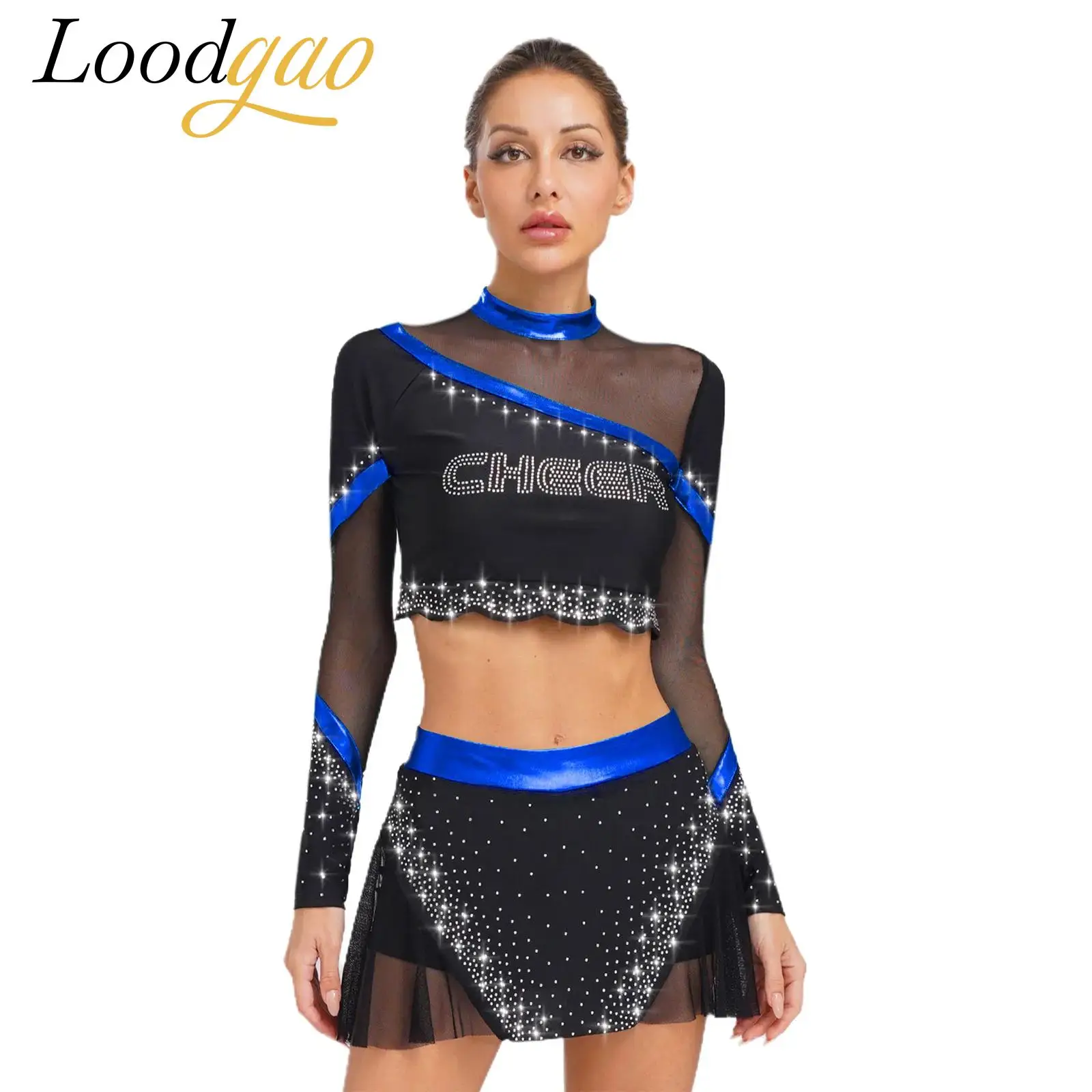 

Women Long Sleeve Cheerleading Costume Cosplay Dance Outfits Crop Tops with Skirt Set Dancewear Performance Show Clothes Sets