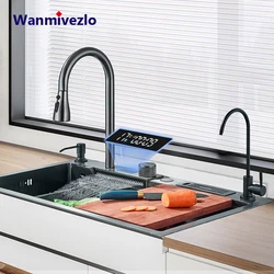 304 lavello da cucina a cascata con Display digitale intelligente di alta qualità 1 Set di rubinetti con Display digitale integrato a Slot singolo di grandi dimensioni