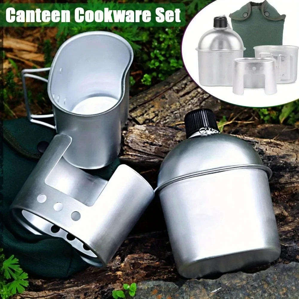 

4pcs Cookware Set Military Canteen Aluminum Alloy Multi-Functional Water Bottle Outdoor Camping Portable Lunch Box Alcohol Stove