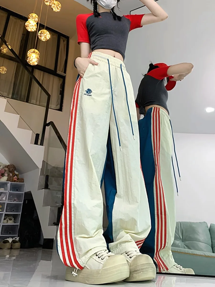 American hip-hop China-Chic three bar overalls women's jazz dance casual retro straight tube quick drying sports pants