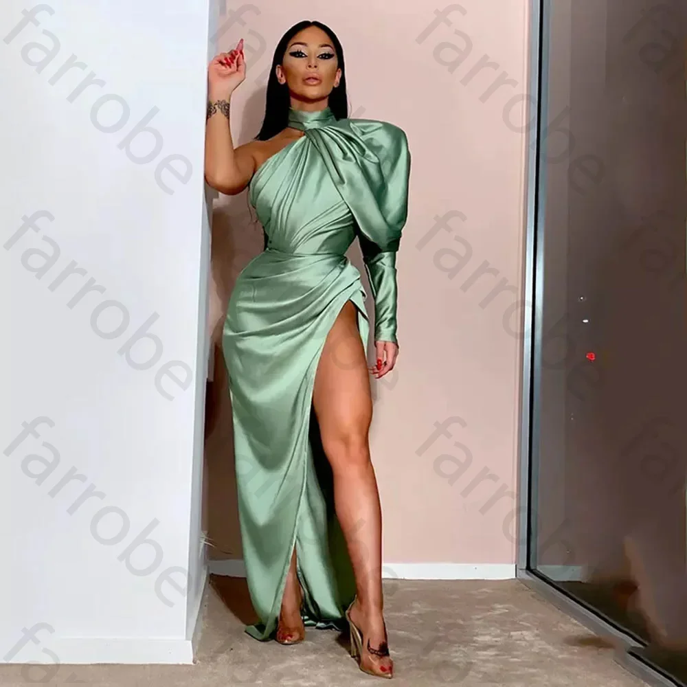 

Индивидуальные вечерние платья с бретелькой на шее русалки, изумрудно-зеленый атлас на одно плечо, длинные платья для выпускного вечера с разрезом по бокам, длиной до пола