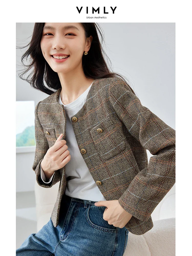 Vimly Spring Cropped Jackets for Women 2024 Elegant Fashion Female Outerwear Woman Long Sleeve Round Neck Short Coats M2936