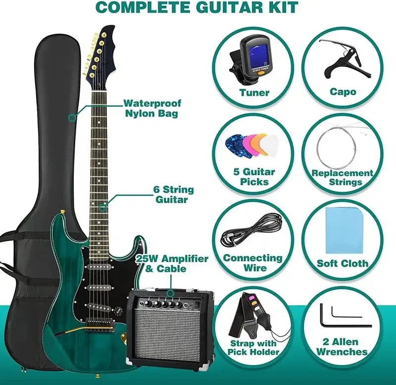 Huasheng High Quality 39 Inch Electric Guitar Full Size Beginner's Musical Instrument Kit with 25 Watt Amplifier Ripple Green