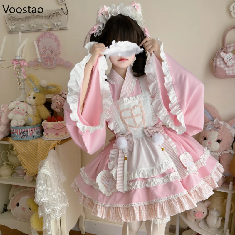 Anime Lolita Maid Dress Set Women Sweet Japanese Kimono Halloween Cat Cosplay Costumes Party Dresses Gothic Y2k Girls Cute Dress