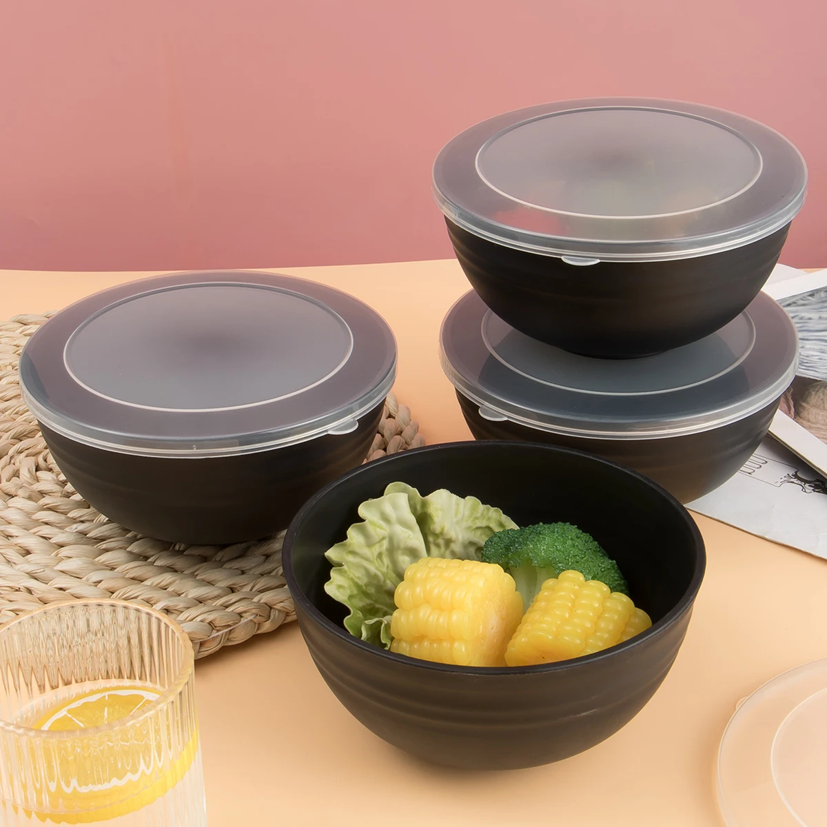 2/4/6pcs Black plastic bowl with lid reusable for home kitchen restaurant RV Camping Work school packing grain salad food