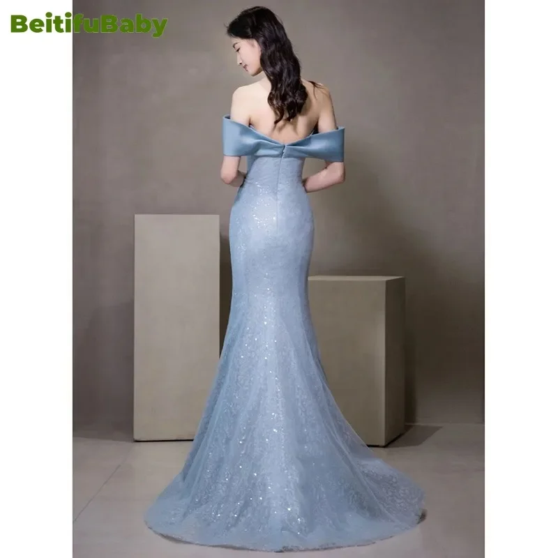 BeitifuBaby Palace Style Women\'s Evening Prom Dress 2024 Light Luxury Off The Shoulder Sleeveless Mermaid Banquet Formal Dresses