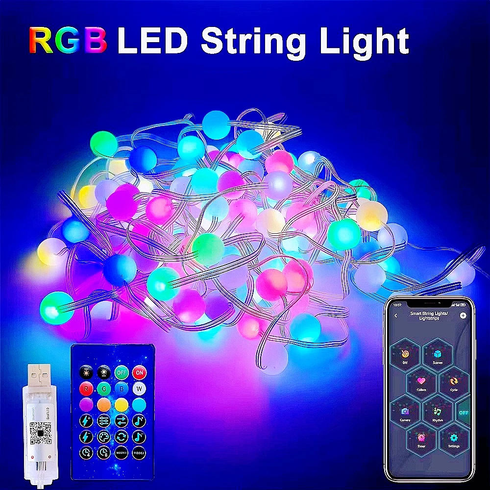 RGB LED smart light string WS2812B waterproof music Bluetooth APP USB ball light outdoor hanging light Christmas party