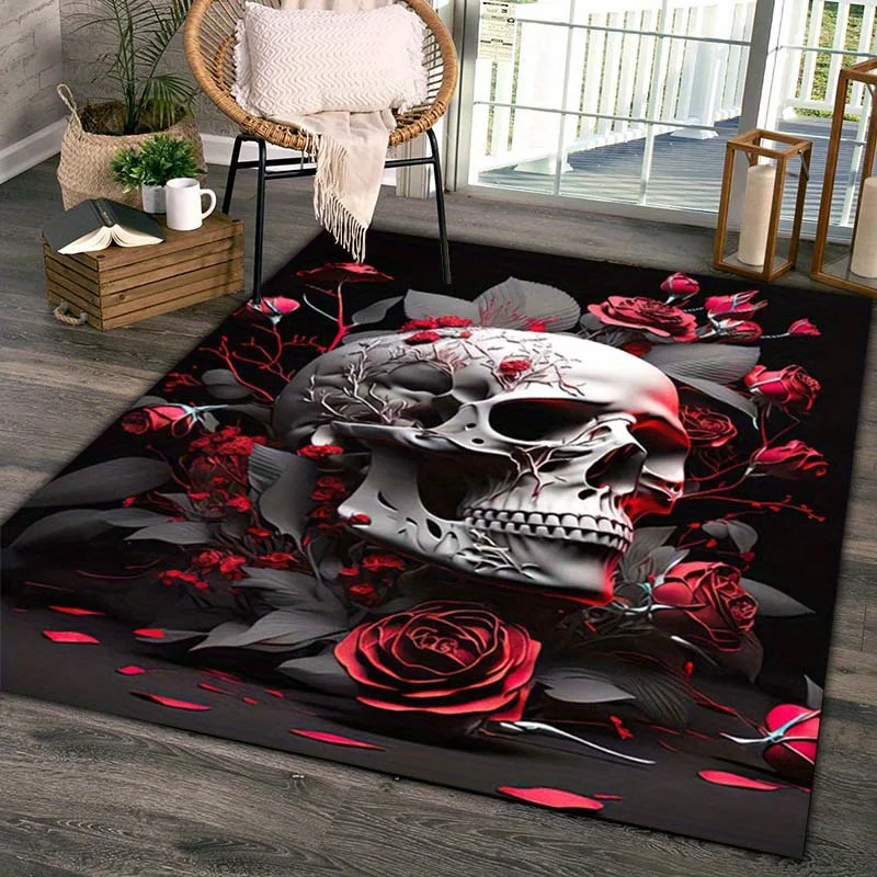 1pc Skull And Rose Pattern Area Rug, Washable, Versatile Home Decor, Perfect for Kitchen Bathroom Laundry Room Decoration