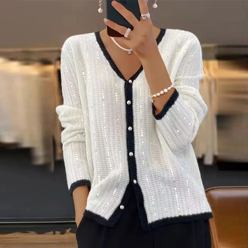 New Autumn Sequined Long Sleeved Loose Sweater Elegant Solid Color Commuting Sweater Coat Female V-neck Single Breasted Cardigan