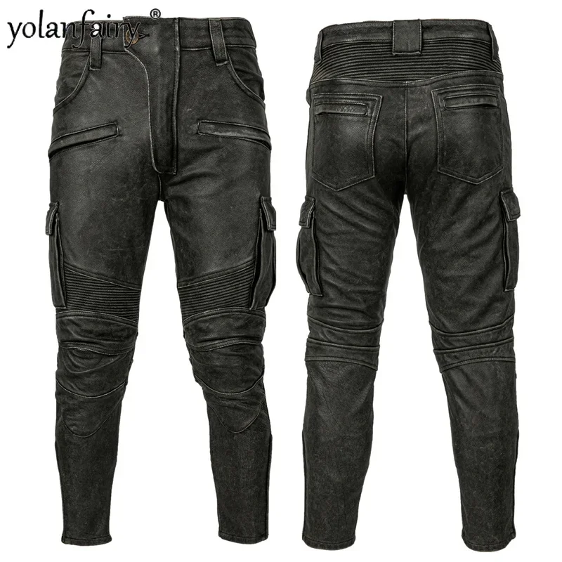 Men Leather Pants Vintage Cowhide Leather Trousers Men Fashion Motorcycle Casual Solid Color Slim Fit Long Pants Pantalon Cuir