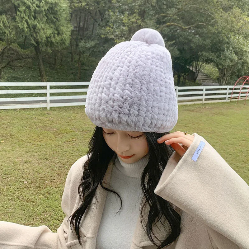 Women's New  Thickened Rex Rabbit Hat Outdoor Leisure Elastic Knitted Hat Korean Version Thickend Plush Warm Leather Straw Hat