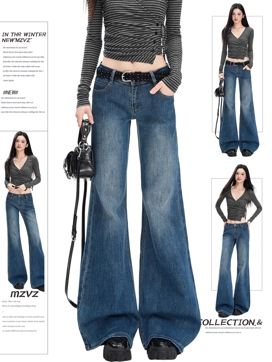 

Синие джинсовые джинсы-колокольчики с низкой талией, женские утягивающие расклешенные брюки в стиле ретро в американском стиле, повседневная одежда, немесленная версия