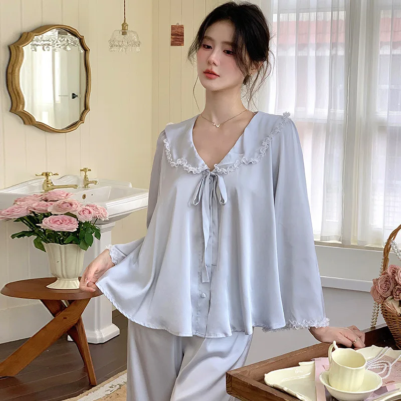 SXTHAENOO 2024 Fashion Design Pajamas Set French Sweet Solid Color Loose Long Sleeved Sleepwear пижама женская pijama mujer