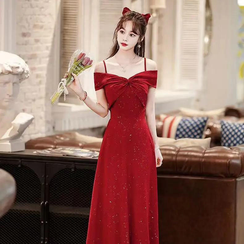 Summer Glitter Formal Occasion Gown Spaghetti Strap Elegant Fit and Flare Birthday Party Women's Clothing Red Fancy Dresses