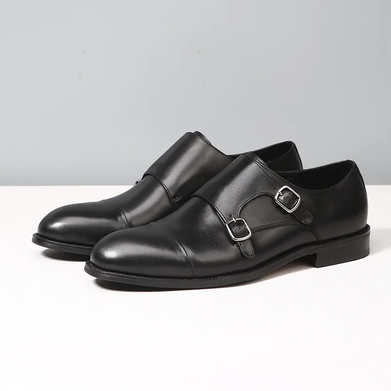 Cap-Toe Double Monk Strap Leather Shoes Men's Burnished Formal Slip-On Footwear Ideal for Business Office and Special Occasions