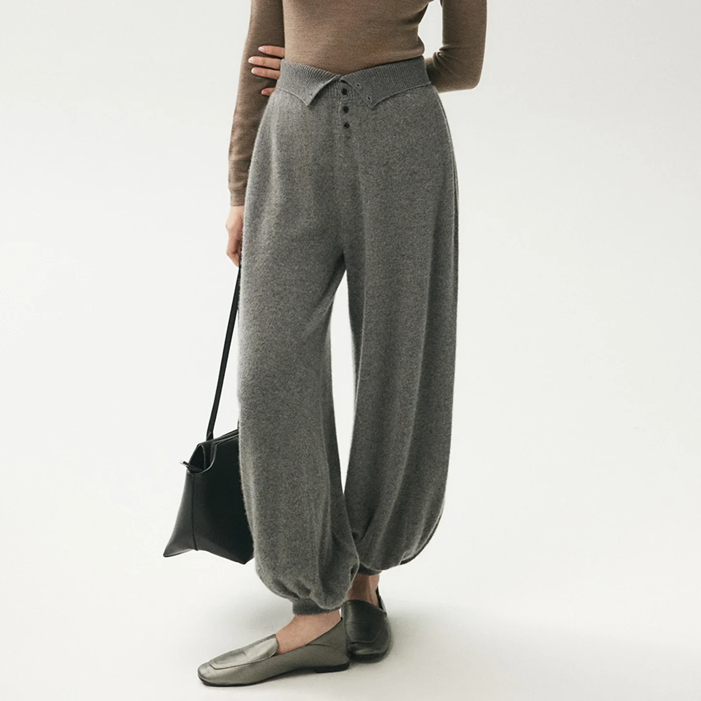Tcyeek Women 100% Cashmere Bloomers Pants Autumn Winter Casual Style High Waist Cashmere Knitted Trousers Fastener Waist